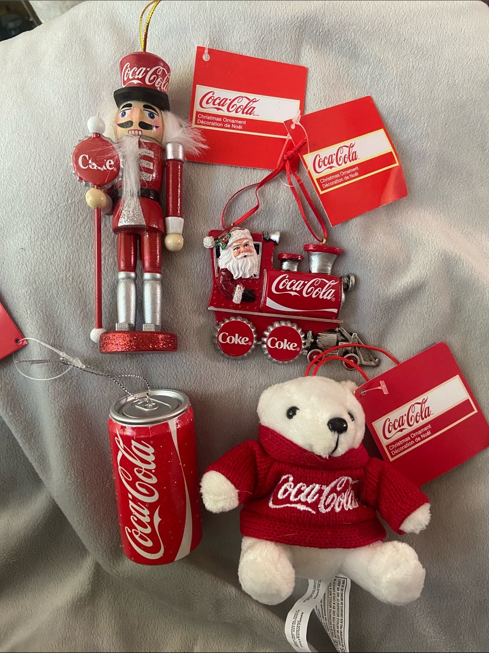4 Kurt Adler Coca-Cola Christmas Ornaments Nutcracker Bear Train Can- Read